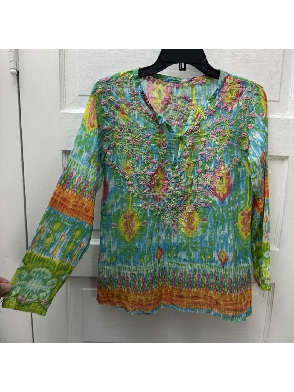 Hand Embroidered Ikat Cotton Tunic Blouse Womens Medium Boho Artisan Floral FLAW